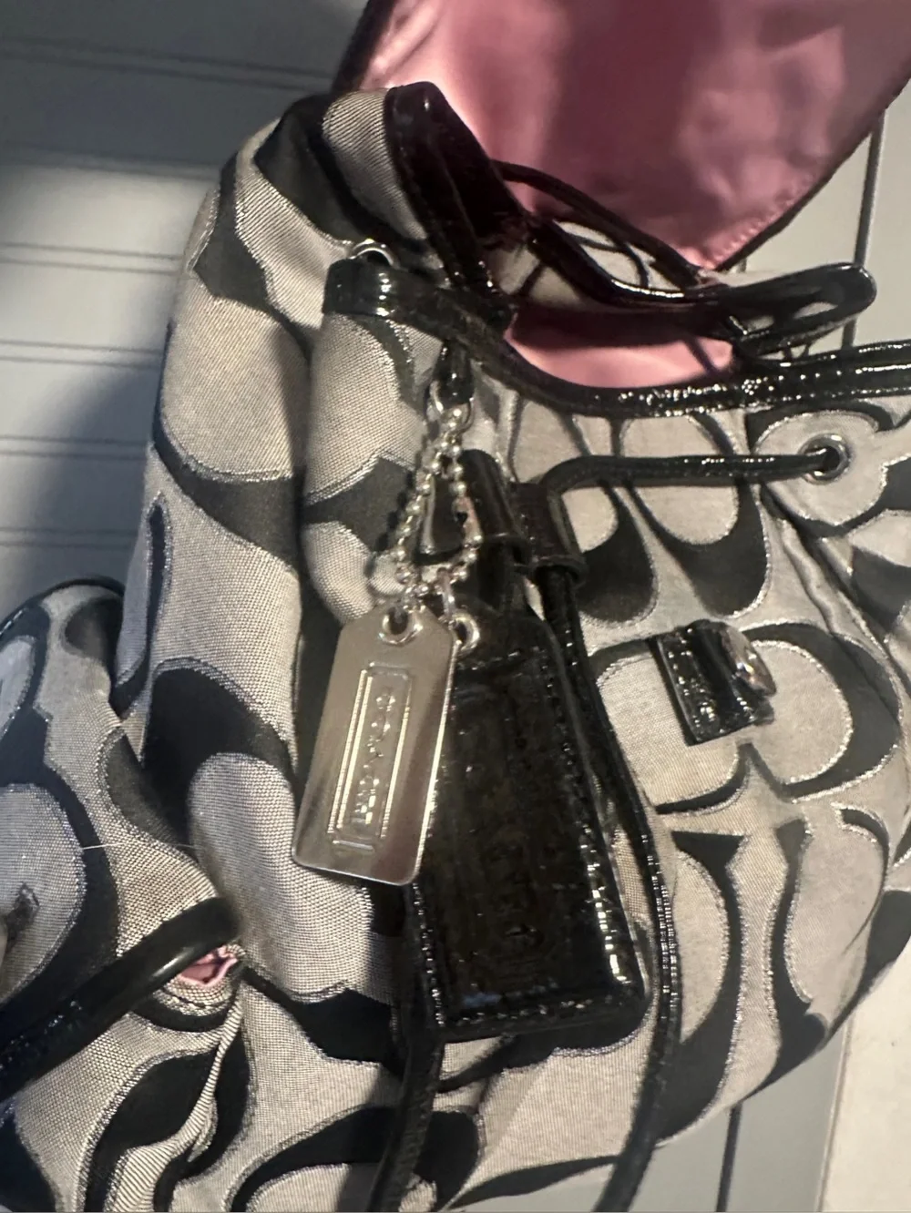 Coach Y2K Poppy Sig. Sateen Lurex Outline Flap Drawstring Backpack MSRP: $278